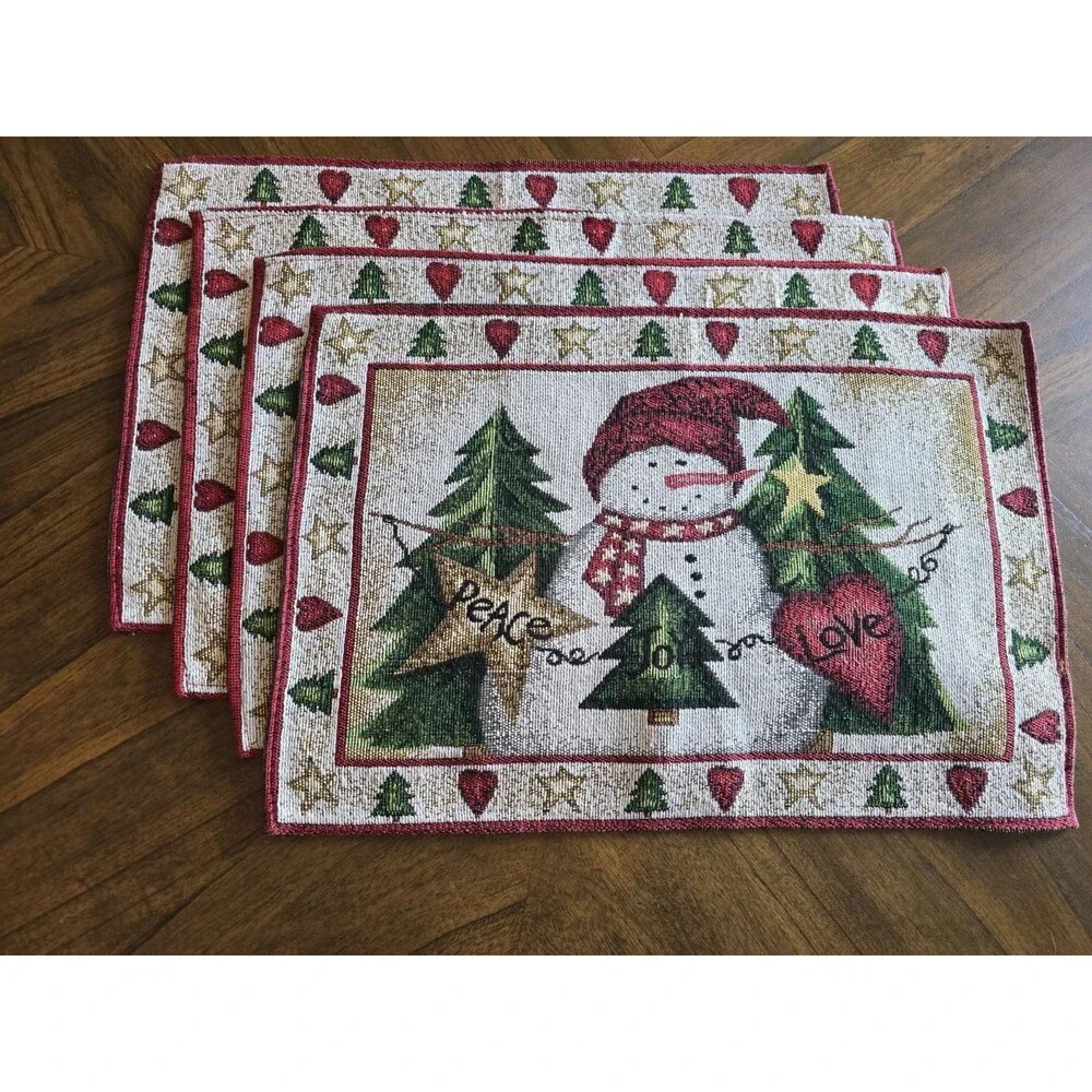 Christmas Snowman Tapestry Placemats Set of 4 Peace Joy Love Holiday Table Decor